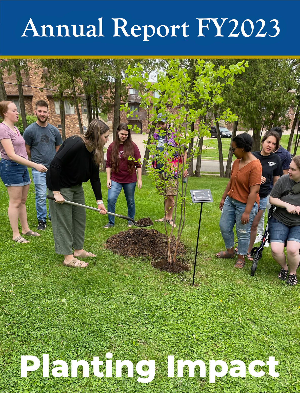 7 students planting a seedling tree