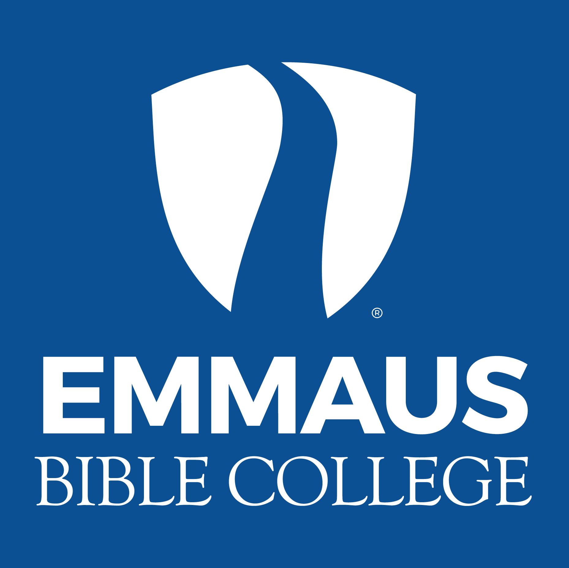 White Vertical Trademarked Emmaus logo on blue background