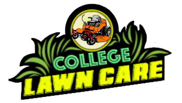 Lawnmower with grass and text College Lawn Care